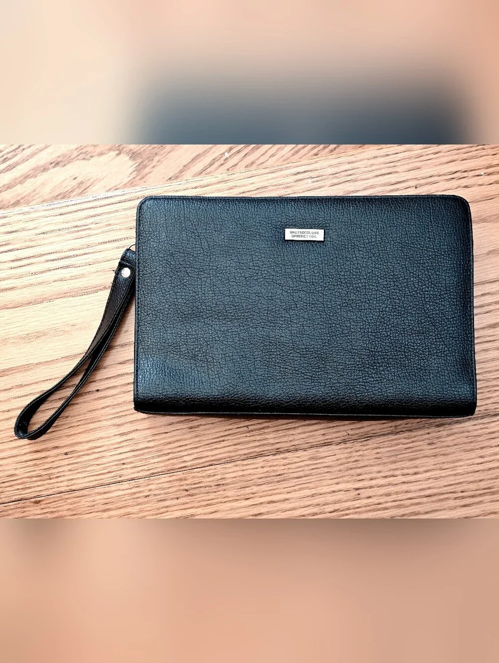 United Colors Of Benetton Black Pebbled Leather Zip Pouch Clutch